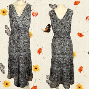 Cassee's M Animal Print Surplice Neck Shirred Lined Ruffle Sleeveless Maxi Dress